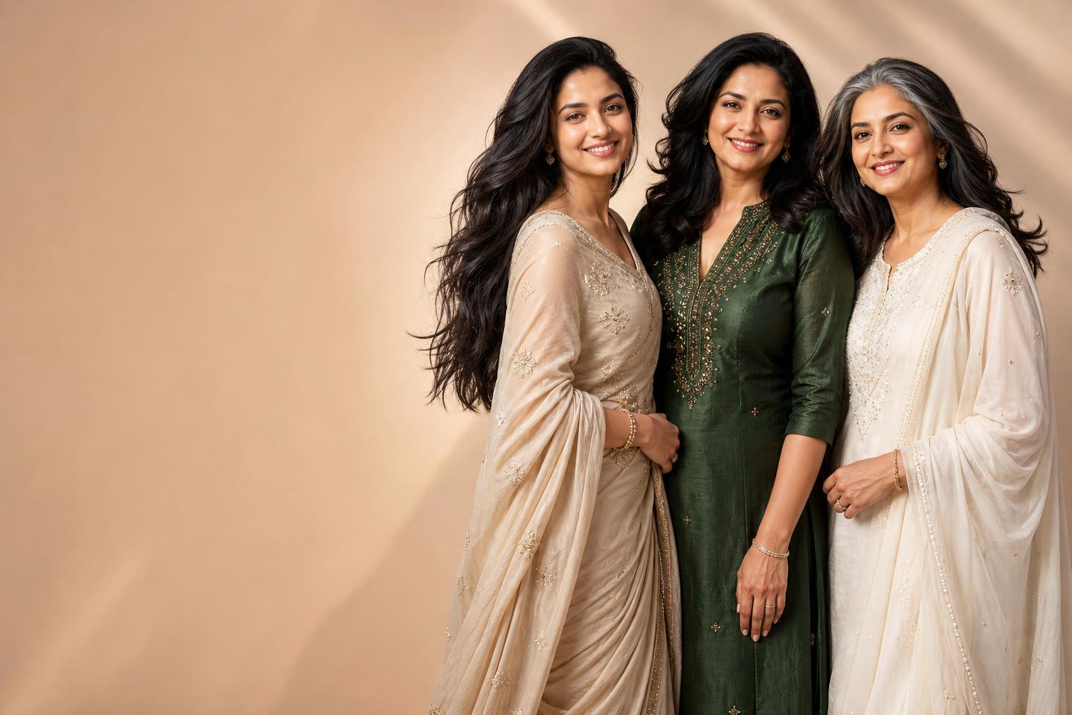 Three Indian women of different ages with glowing skin and radiant hair